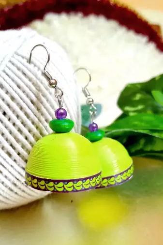 Green color ethnic quilled jhumkas
