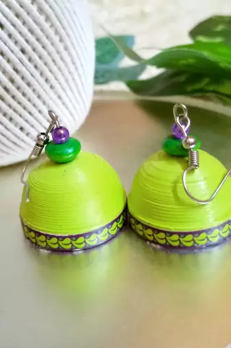 Green color ethnic quilled jhumkas