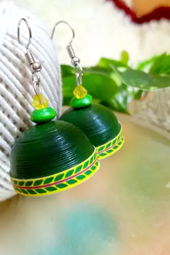 Green color ethnic quilled jhumkas