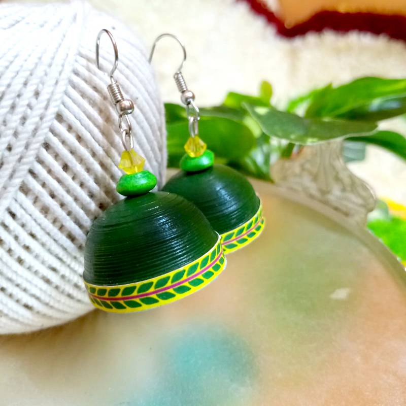 Green color ethnic quilled jhumkas