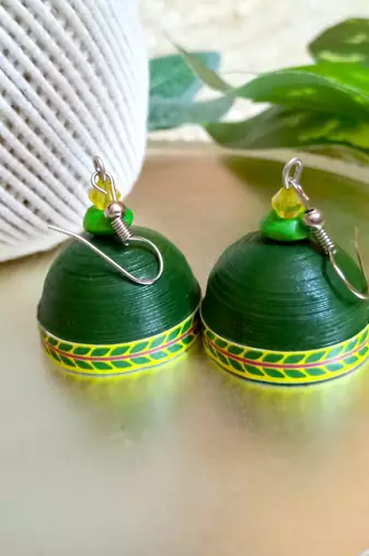 Green color ethnic quilled jhumkas