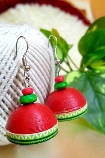 Red color ethnic quilled jhumkas