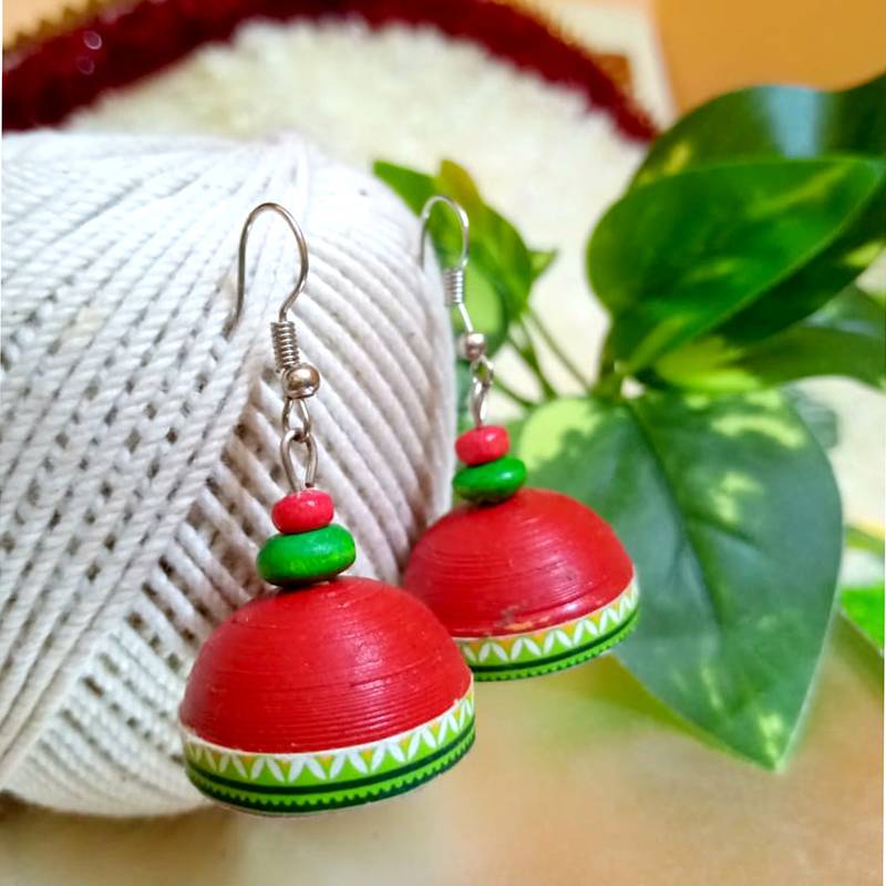 Red color ethnic quilled jhumkas