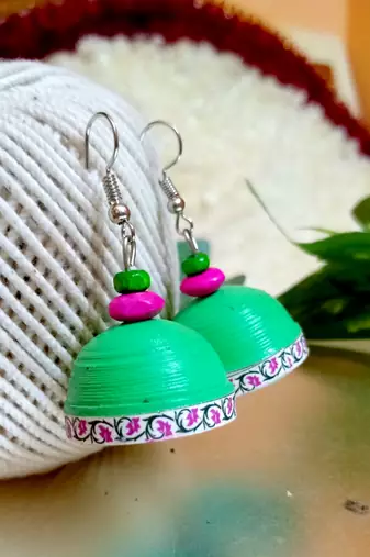 green color ethnic quilled jhumkas