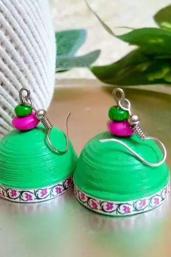 green color ethnic quilled jhumkas