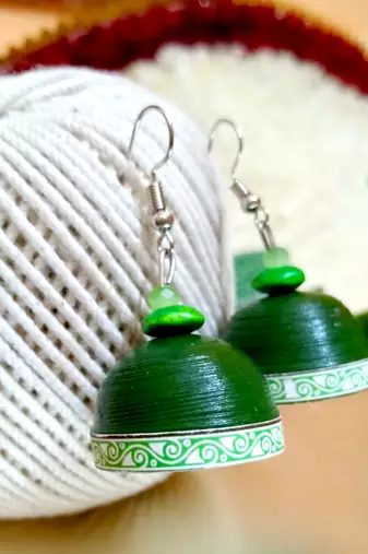 Green color ethnic quilled jhumkas