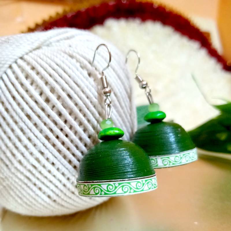 Green color ethnic quilled jhumkas