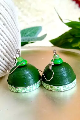 Green color ethnic quilled jhumkas