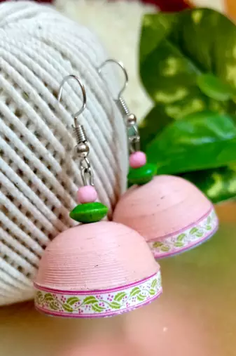 pink color ethnic quilled jhumkas