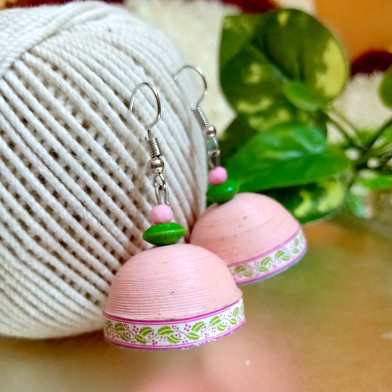 pink color ethnic quilled jhumkas