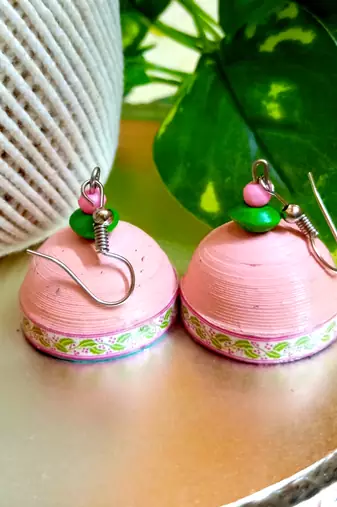 pink color ethnic quilled jhumkas