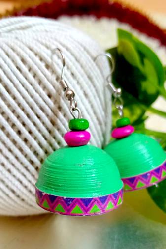 Green color ethnic quilled jhumkas