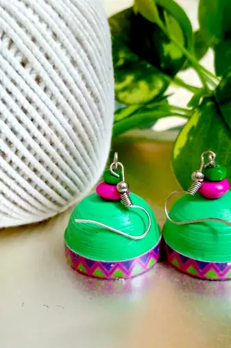 Green color ethnic quilled jhumkas