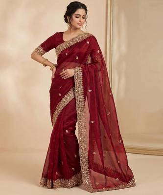 Maroon Color Beeds Work Silk Blend Saree 1