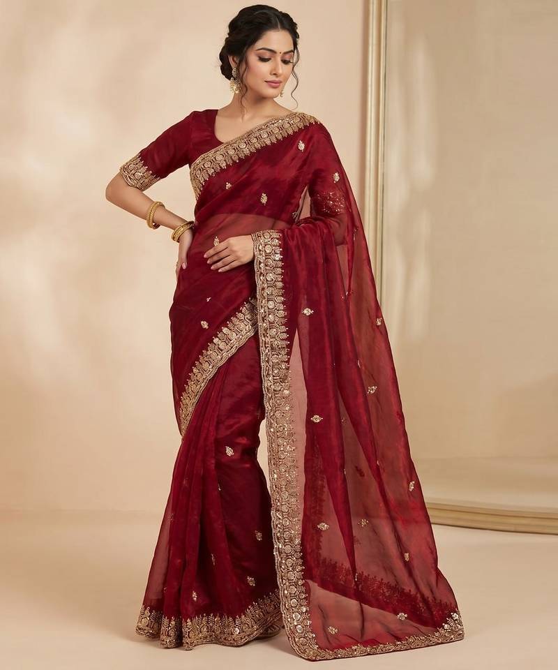 Maroon Color Beeds Work Silk Blend Saree