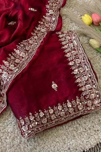 Maroon Color Beeds Work Silk Blend Saree