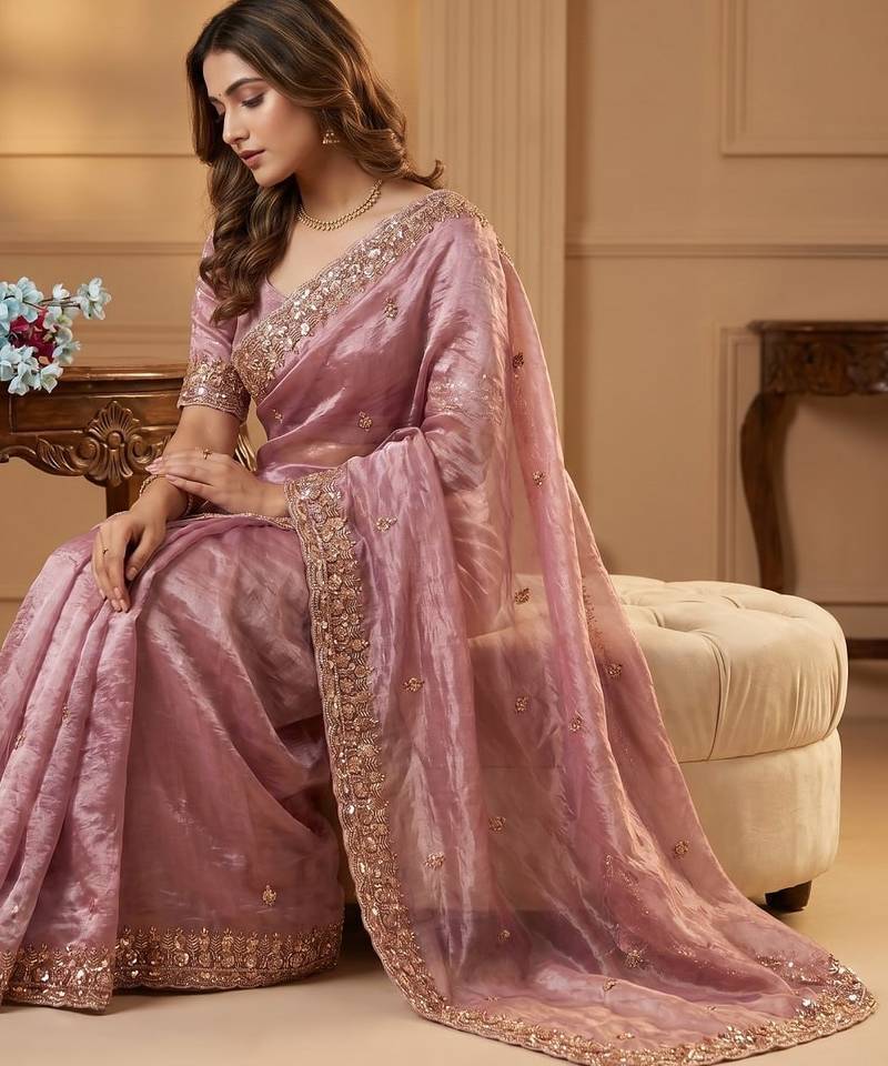 Onion Pink Color Beeds Work Silk Blend Saree