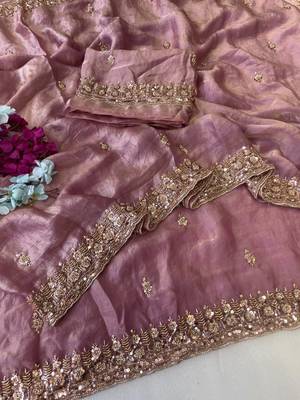 Onion Pink Color Beeds Work Silk Blend Saree 2