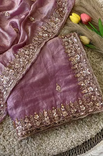 Onion Pink Color Beeds Work Silk Blend Saree