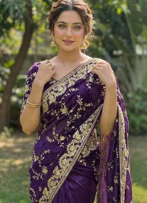 Purple Beeds Work With Cut Work Border Geogate Saree 1