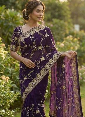 Purple Beeds Work With Cut Work Border Geogate Saree 2