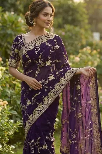 Purple Beeds Work With Cut Work Border Geogate Saree