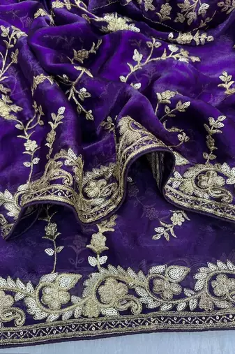 Purple Beeds Work With Cut Work Border Geogate Saree