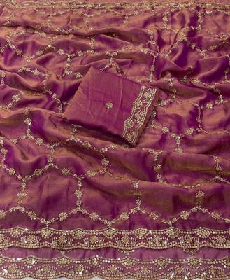 Onion Pink Color Sequence Embroidery Work With Cut Work Border Art Silk Saree 1