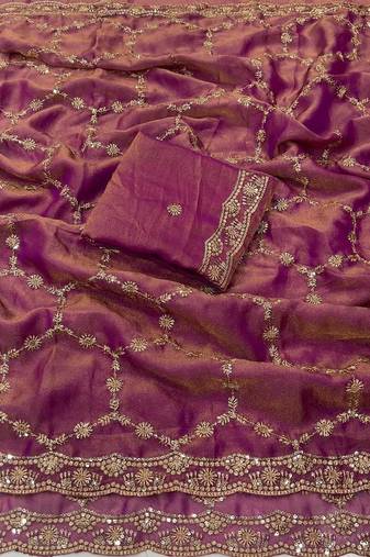 Onion Pink Color Sequence Embroidery Work With Cut Work Border Art Silk Saree