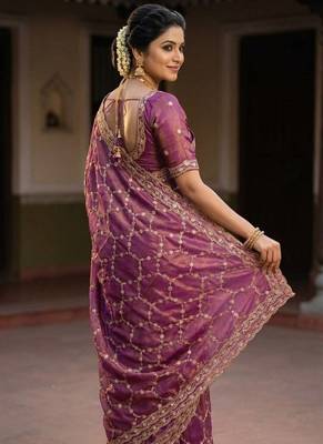 Onion Pink Color Sequence Embroidery Work With Cut Work Border Art Silk Saree 3