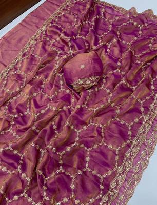 Onion Pink Color Sequence Embroidery Work With Cut Work Border Art Silk Saree 4