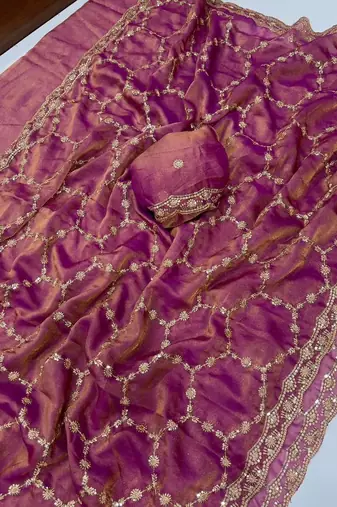 Onion Pink Color Sequence Embroidery Work With Cut Work Border Art Silk Saree