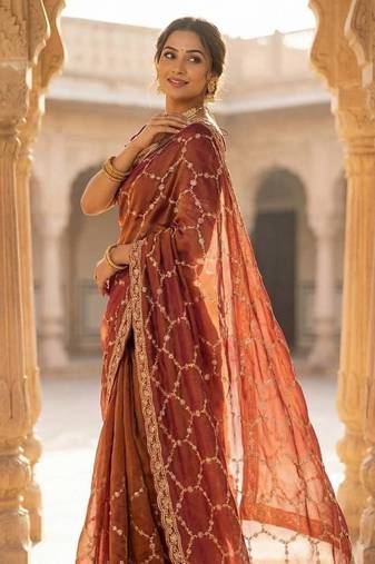 Peach Color Sequence Embroidery Work With Cut Work Border Art Silk Saree