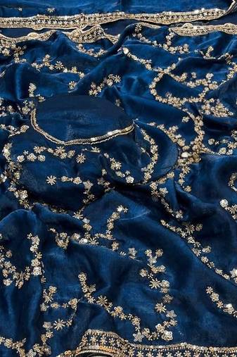 Nevy Blue Color Gold Beeds Work With Cut Work Border Art Silk Saree
