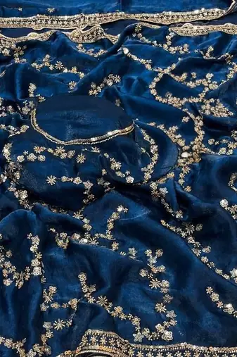 Nevy Blue Color Gold Beeds Work With Cut Work Border Art Silk Saree
