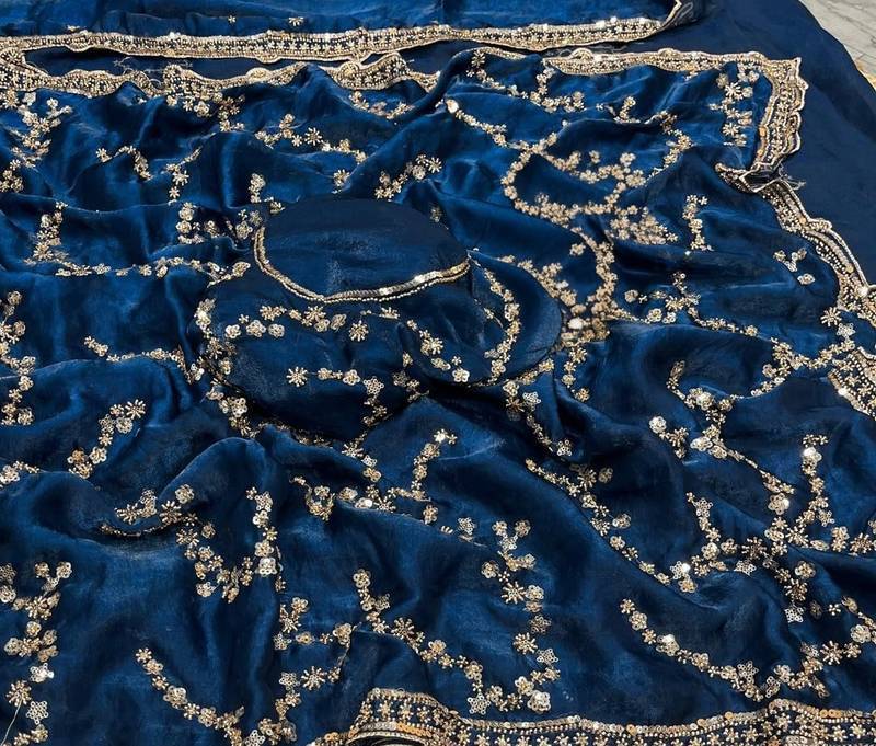 Nevy Blue Color Gold Beeds Work With Cut Work Border Art Silk Saree