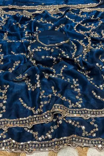 Nevy Blue Color Gold Beeds Work With Cut Work Border Art Silk Saree
