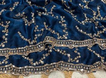 Nevy Blue Color Gold Beeds Work With Cut Work Border Art Silk Saree 3