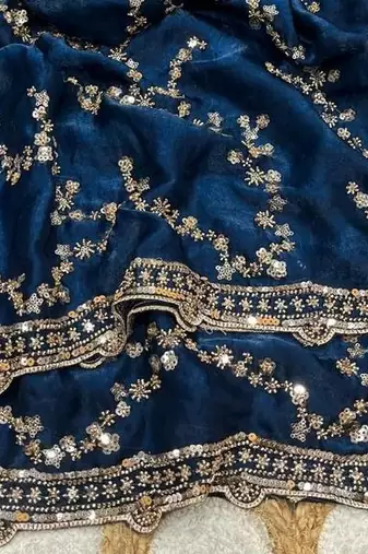 Nevy Blue Color Gold Beeds Work With Cut Work Border Art Silk Saree
