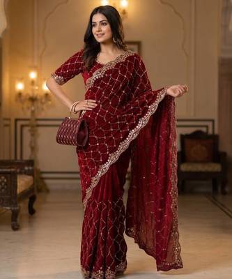Maroon Color Beeds Work Silk Blend Saree 1