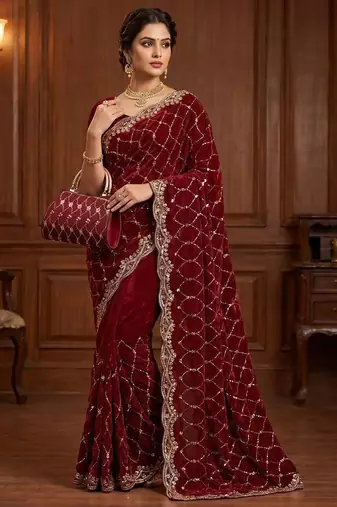 Maroon Color Beeds Work Silk Blend Saree