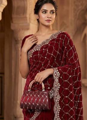 Maroon Color Beeds Work Silk Blend Saree 3