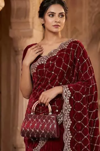 Maroon Color Beeds Work Silk Blend Saree