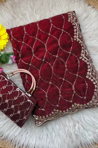 Maroon Color Beeds Work Silk Blend Saree