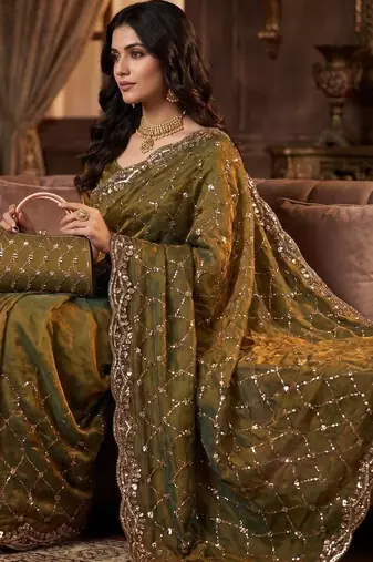 Olive Color Beeds Work Silk Blend Saree