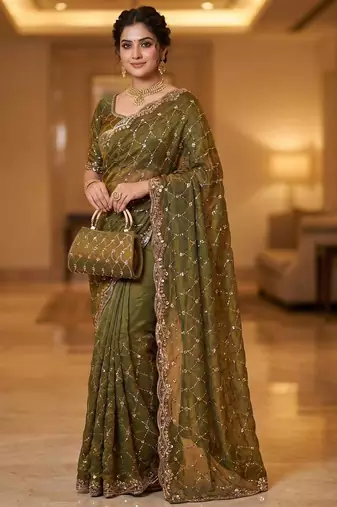 Olive Color Beeds Work Silk Blend Saree