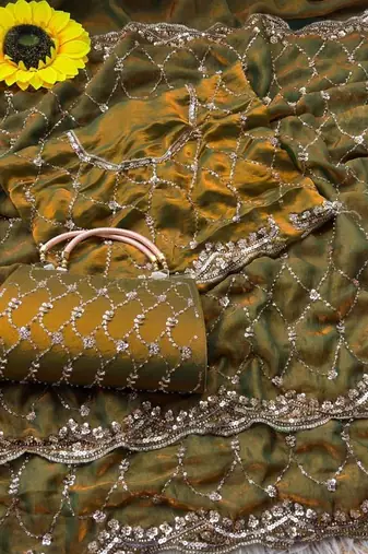 Olive Color Beeds Work Silk Blend Saree