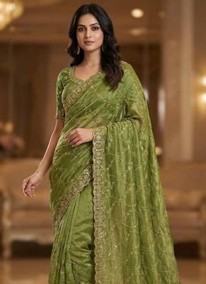 Olive Sequence Embroidery Cut Border Art Silk Saree 1