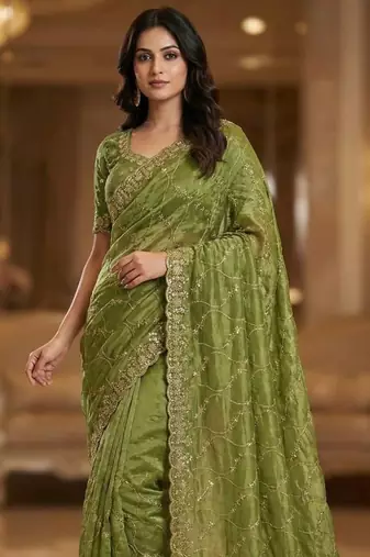 Olive Sequence Embroidery Cut Border Art Silk Saree