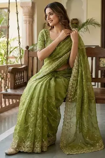 Olive Sequence Embroidery Cut Border Art Silk Saree
